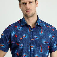 Dark Blue Short Sleeve Slim Fit Printed Cotton Shirt