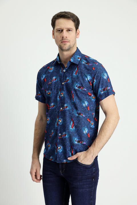 Dark Blue Short Sleeve Slim Fit Printed Cotton Shirt