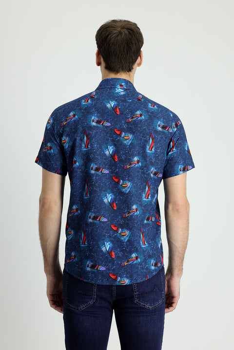 Dark Blue Short Sleeve Slim Fit Printed Cotton Shirt