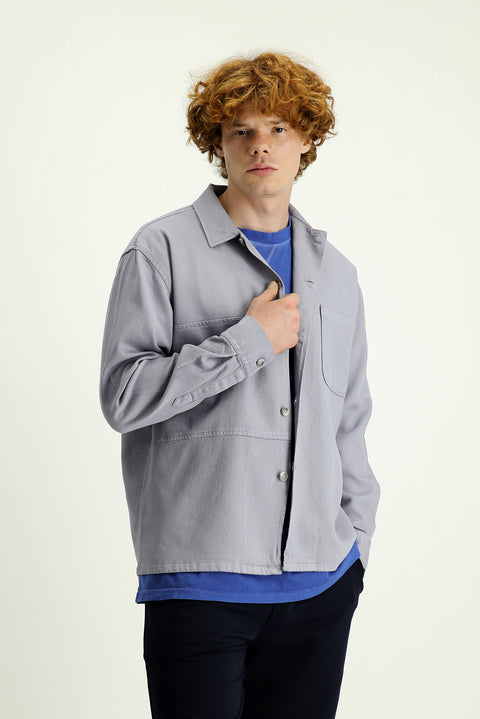 Medium Grey Long Sleeve Oversize Cotton Shirt with Pockets