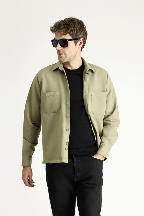 Light Khaki Long Sleeve Oversize Linen Blend Shacket Shirt / Jacket