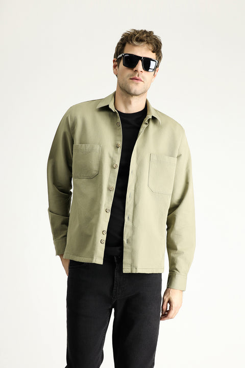 Light Khaki Long Sleeve Oversize Linen Blend Shacket Shirt / Jacket