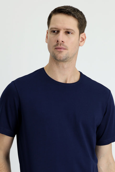Medium Navy Crew Neck Regular Fit Embroidered Cotton Supreme T-Shirt