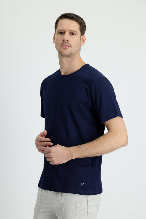 Medium Navy Crew Neck Regular Fit Embroidered Cotton Supreme T-Shirt