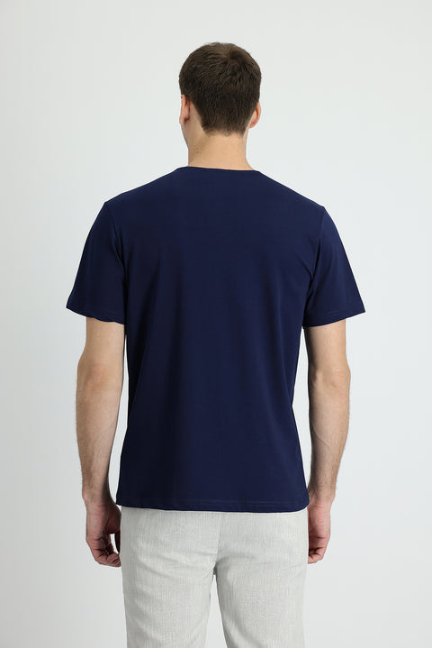 Medium Navy Crew Neck Regular Fit Embroidered Cotton Supreme T-Shirt