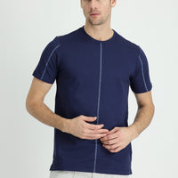 Medium Navy Crew Neck Regular Fit Patterned Cotton T-shirt