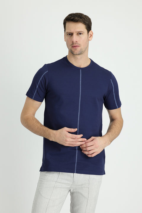 Medium Navy Crew Neck Regular Fit Patterned Cotton T-shirt