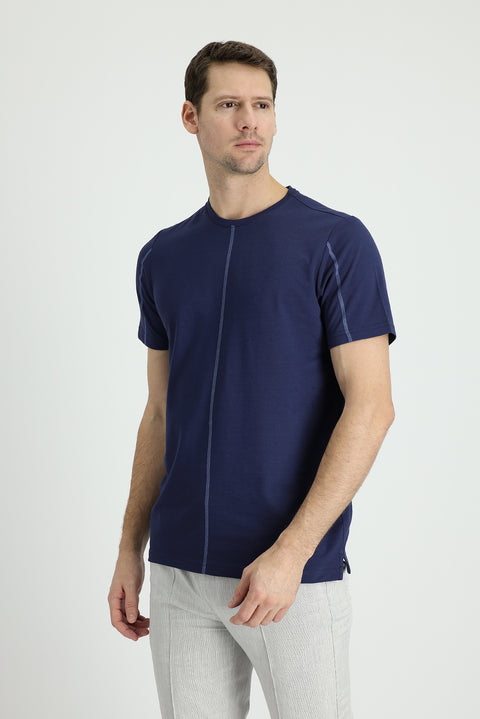 Medium Navy Crew Neck Regular Fit Patterned Cotton T-shirt