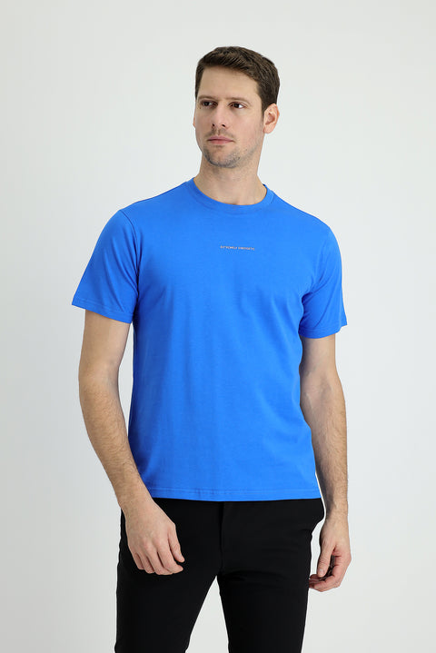 Indigo Blue Crew Neck Regular Fit Printed Cotton T-shirt