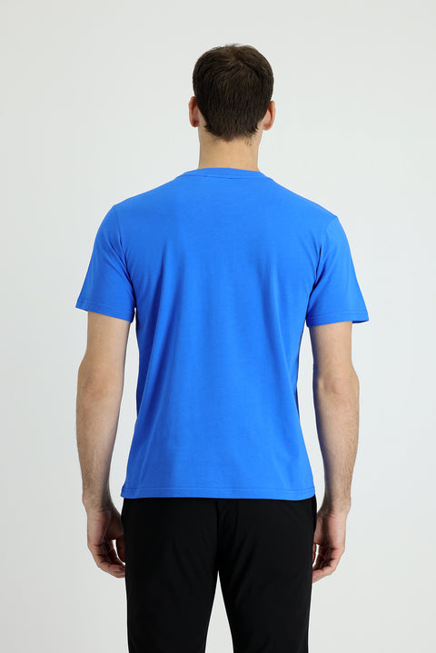 Indigo Blue Crew Neck Regular Fit Printed Cotton T-shirt