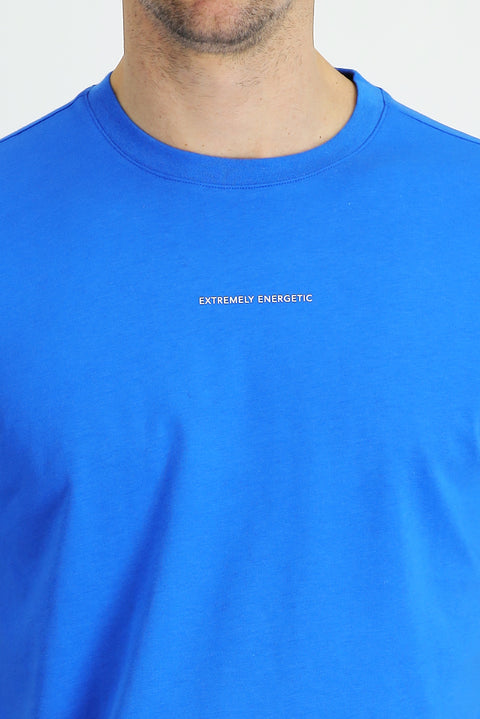 Indigo Blue Crew Neck Regular Fit Printed Cotton T-shirt
