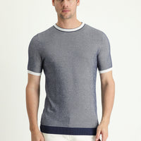 Black and Navy Blue Crew Neck Regular Fit Patterned Cotton T-shirt