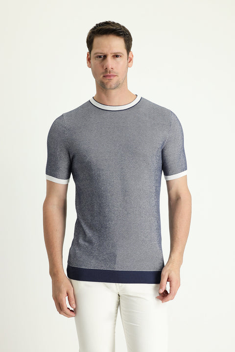 Black and Navy Blue Crew Neck Regular Fit Patterned Cotton T-shirt