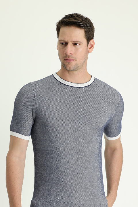 Black and Navy Blue Crew Neck Regular Fit Patterned Cotton T-shirt