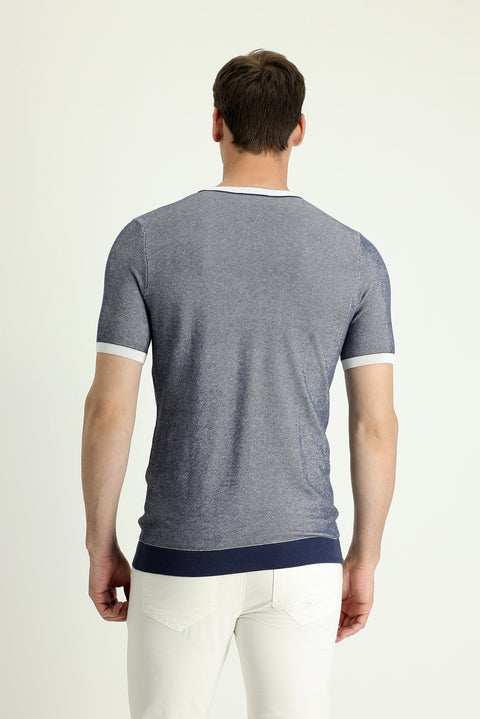 Black and Navy Blue Crew Neck Regular Fit Patterned Cotton T-shirt