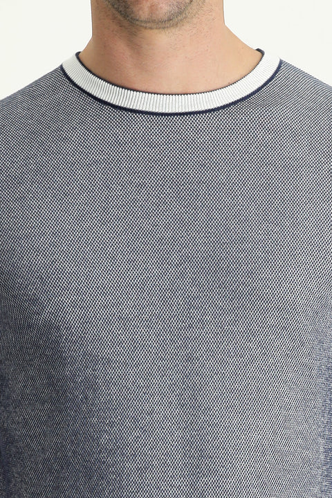 Black and Navy Blue Crew Neck Regular Fit Patterned Cotton T-shirt