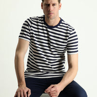 Black and Navy Crew Neck Regular Fit Patterned Cotton Linen T-shirt