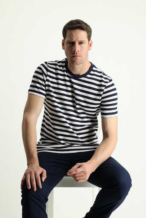 Black and Navy Crew Neck Regular Fit Patterned Cotton Linen T-shirt