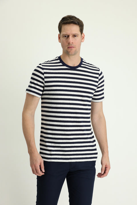 Black and Navy Crew Neck Regular Fit Patterned Cotton Linen T-shirt