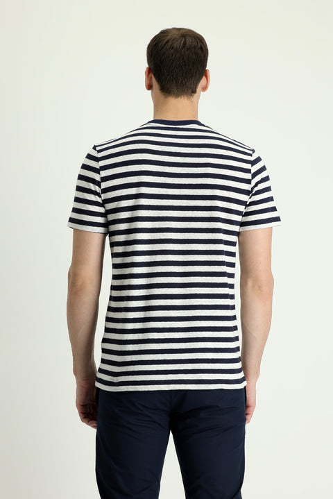 Black and Navy Crew Neck Regular Fit Patterned Cotton Linen T-shirt