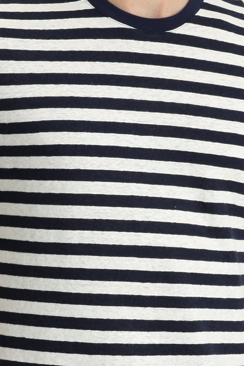 Black and Navy Crew Neck Regular Fit Patterned Cotton Linen T-shirt