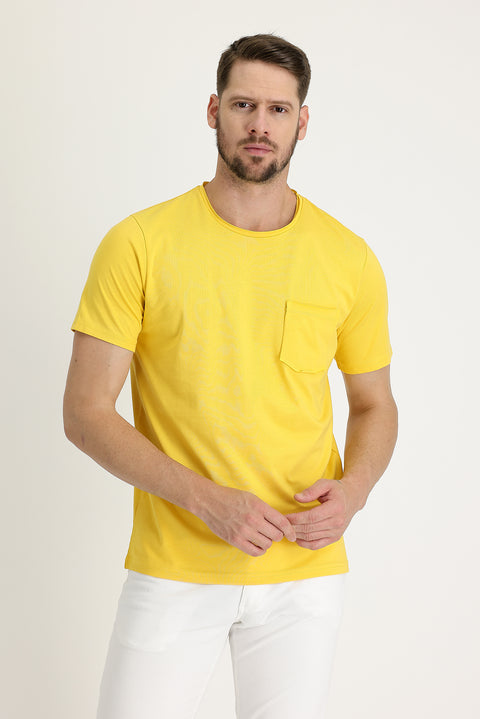 Koyu Sarı Bisiklet Yaka Slim Fit Dar Kesim Pamuklu Tişört