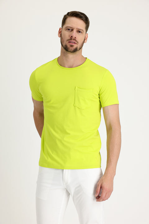 Fıstık Yeşili Bisiklet Yaka Slim Fit Dar Kesim Pamuklu Tişört