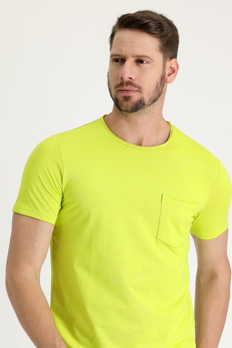Fıstık Yeşili Bisiklet Yaka Slim Fit Dar Kesim Pamuklu Tişört