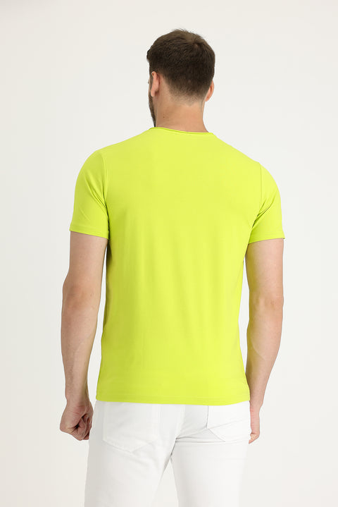 Fıstık Yeşili Bisiklet Yaka Slim Fit Dar Kesim Pamuklu Tişört