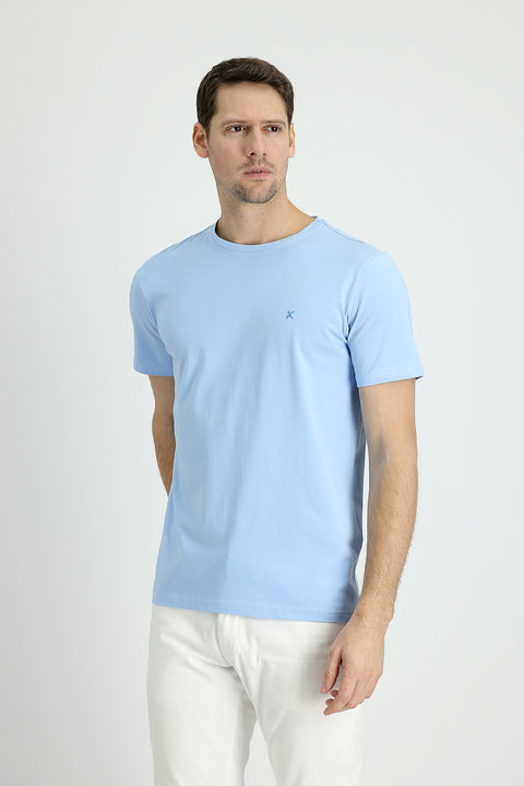 Uçuk Mavi Bisiklet Yaka Slim Fit Dar Kesim Süprem Tişört