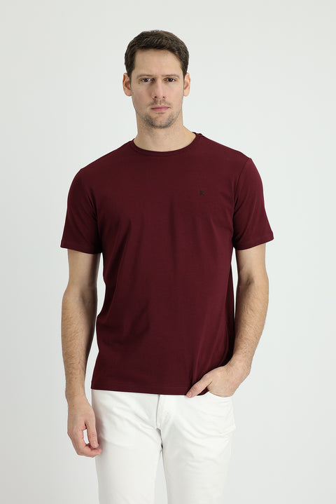 Koyu Bordo Bisiklet Yaka Slim Fit Dar Kesim Süprem Tişört