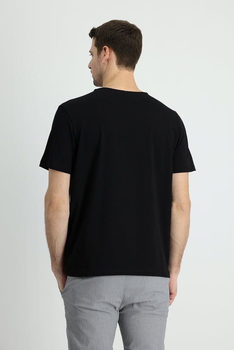 Siyah Bisiklet Yaka Slim Fit Dar Kesim Nakışlı Süprem Tişört