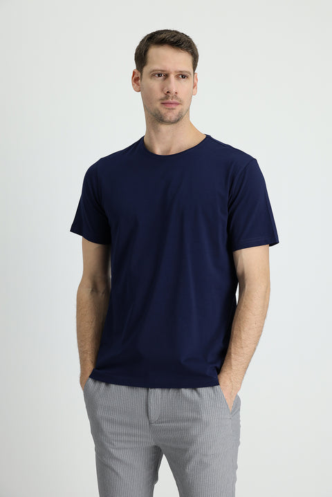 Medium Navy Blue Crew Neck Slim Fit Embroidered Cotton Supreme T-Shirt