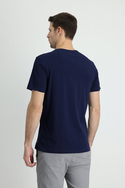 Medium Navy Blue Crew Neck Slim Fit Embroidered Cotton Supreme T-Shirt