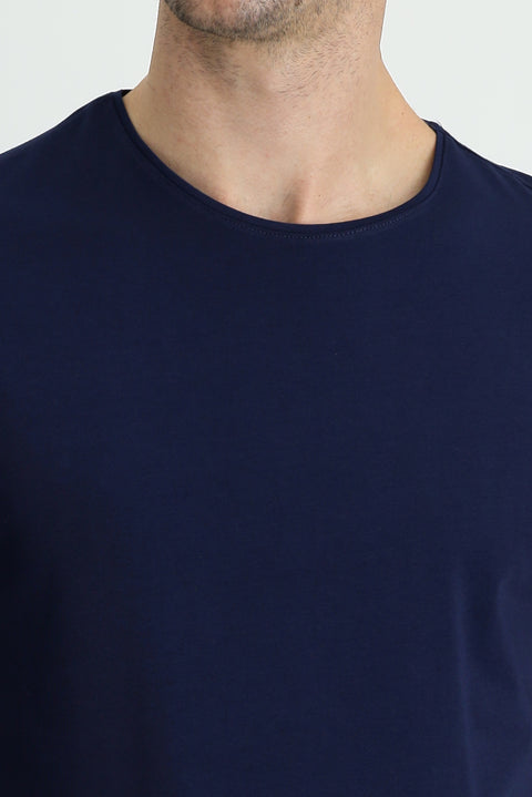 Medium Navy Blue Crew Neck Slim Fit Embroidered Cotton Supreme T-Shirt