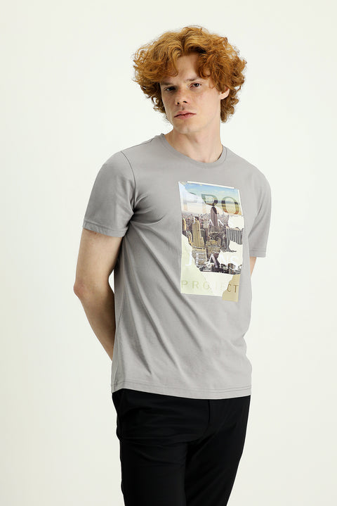 Medium Grey Crew Neck Slim Fit Printed Cotton T-Shirt