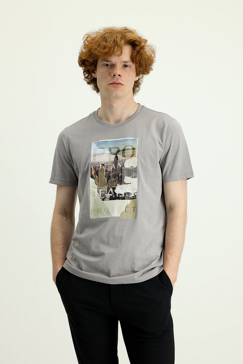 Medium Grey Crew Neck Slim Fit Printed Cotton T-Shirt