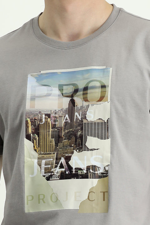 Medium Grey Crew Neck Slim Fit Printed Cotton T-Shirt
