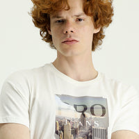 Cream Crew Neck Slim Fit Printed Cotton T-shirt