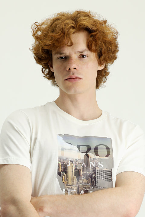Cream Crew Neck Slim Fit Printed Cotton T-shirt