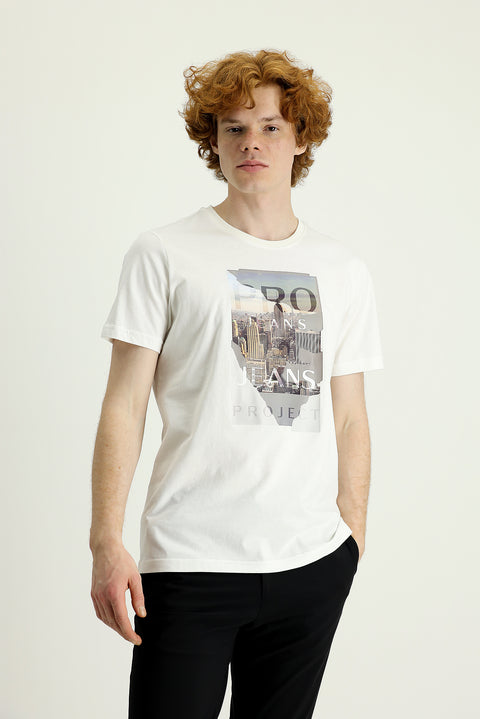 Cream Crew Neck Slim Fit Printed Cotton T-shirt
