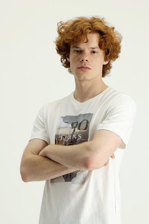 Cream Crew Neck Slim Fit Printed Cotton T-shirt