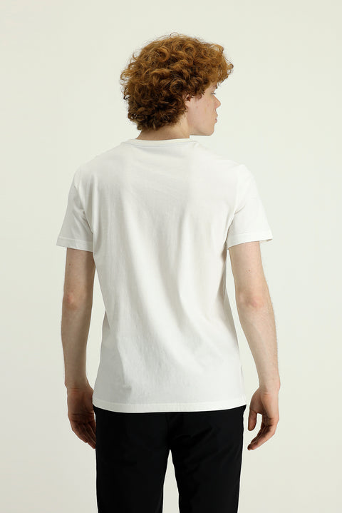 Cream Crew Neck Slim Fit Printed Cotton T-shirt
