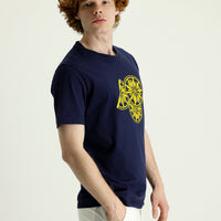 Dark Navy Crew Neck Slim Fit Printed Cotton T-shirt