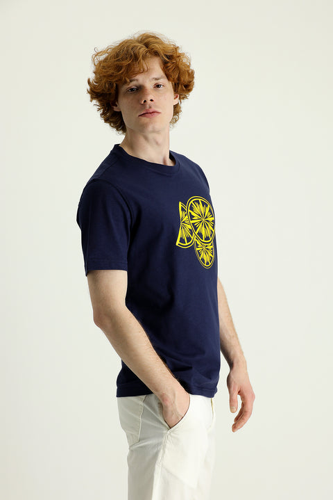 Dark Navy Crew Neck Slim Fit Printed Cotton T-shirt