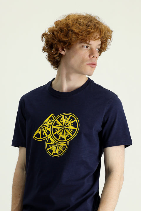 Dark Navy Crew Neck Slim Fit Printed Cotton T-shirt