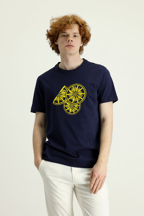 Dark Navy Crew Neck Slim Fit Printed Cotton T-shirt