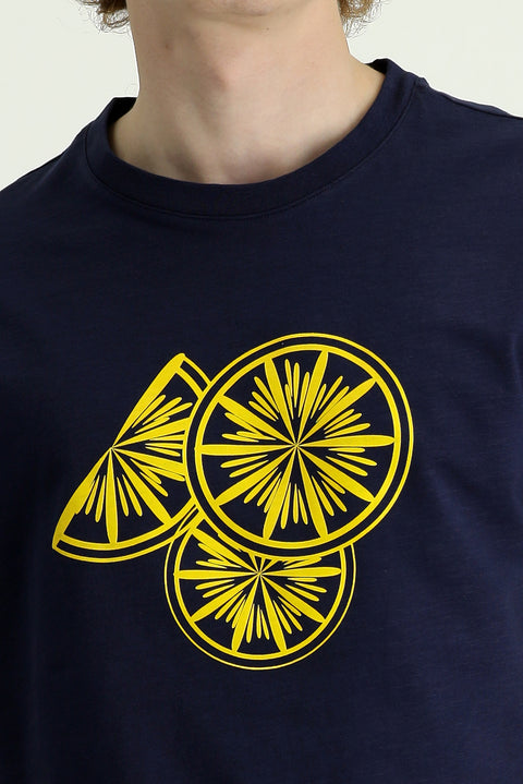 Dark Navy Crew Neck Slim Fit Printed Cotton T-shirt