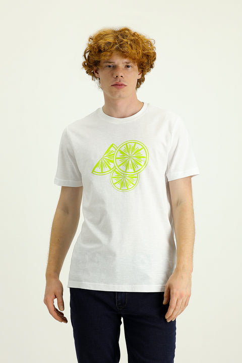White Crew Neck Slim Fit Printed Cotton T-shirt