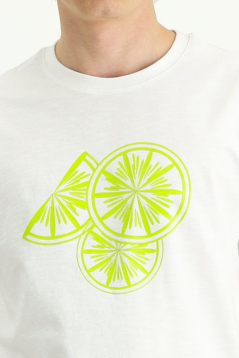 White Crew Neck Slim Fit Printed Cotton T-shirt